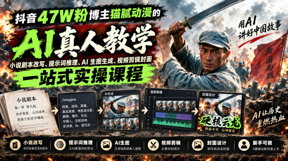 抖音47W粉博主猫腻动漫的AI真人漫剧教学，小说剧本改写、提示词推理、AI生图生成、视频剪辑封面一站式实操课程-轻创星球网