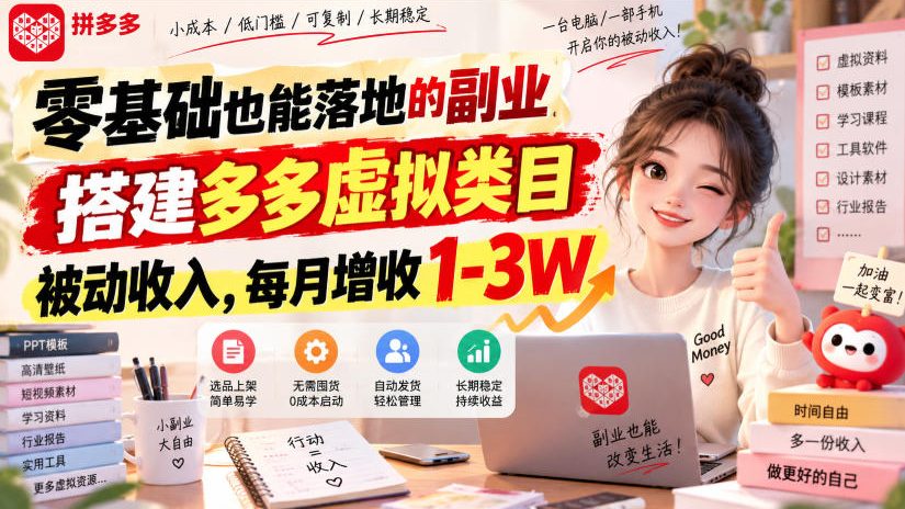 零基础也能落地的副业，搭建多多虚拟类目被动收入，每月增收1-3W【揭秘】-轻创星球网
