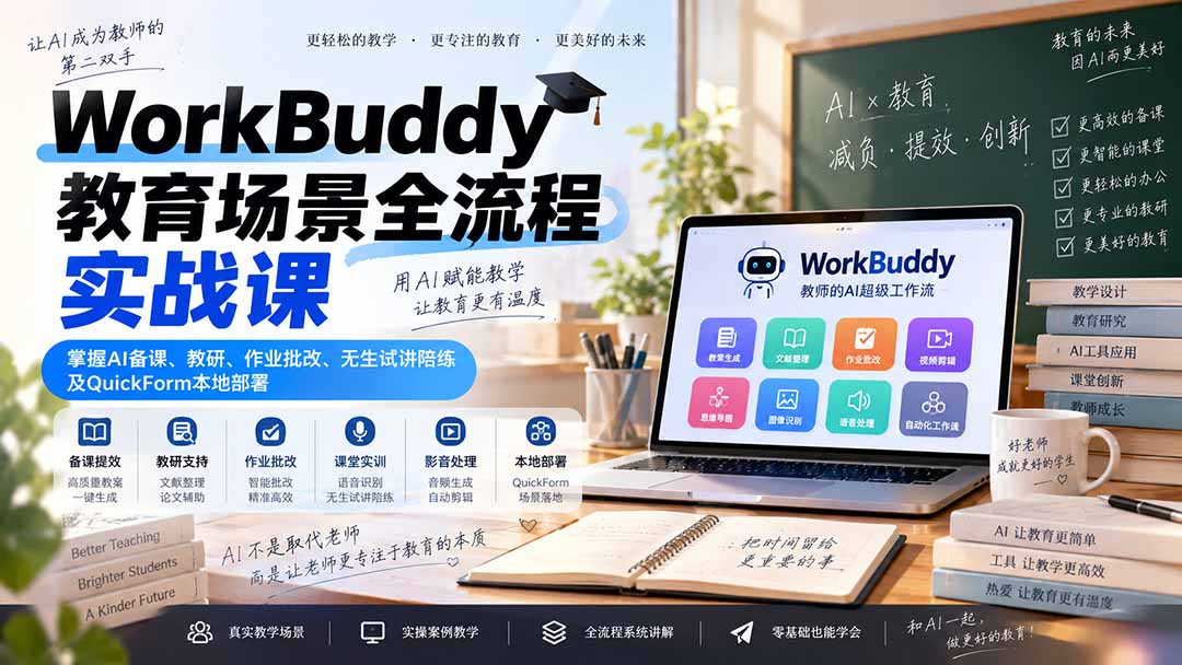 WorkBuddy教育场景全流程实战课：掌握AI备课、教研、作业批改、无生试讲陪练及QuickForm本地部署-轻创星球网