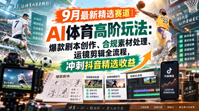 某大佬的9月最新精选赛道之AI体育顶级玩法，爆款剧本创作、版权规避、运镜剪辑全流程，稳拿抖音精选收益-轻创星球网