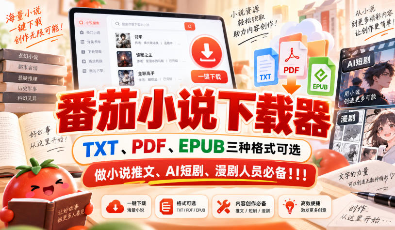 番茄小说下载器，TXT、PDF、EPUB三种格式可选，做小说推文、AI短剧、漫剧人员必备！！！-轻创星球网