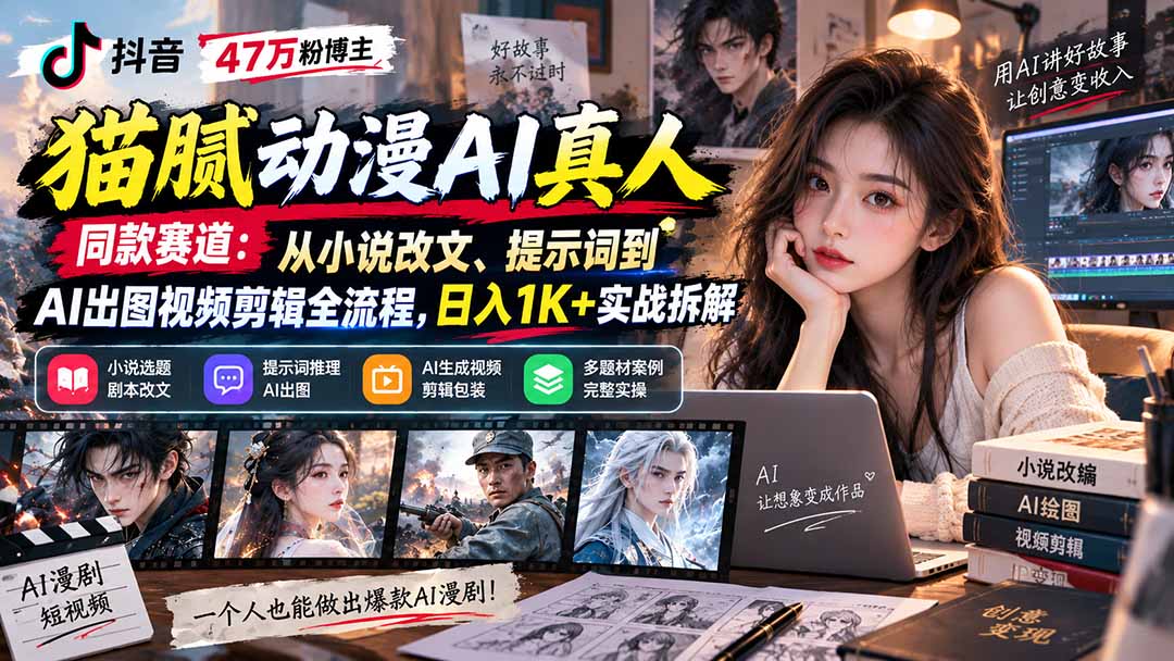 抖音47万粉博主猫腻动漫AI真人同款赛道：从小说改文、提示词到AI出图视频剪辑全流程，日入1K+实战拆解-轻创星球网