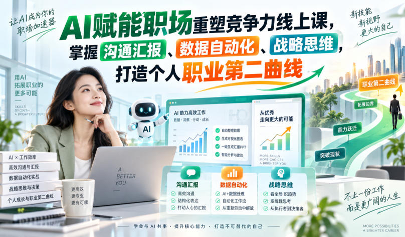 AI赋能职场重塑竞争力线上课，掌握沟通汇报、数据自动化、战略思维，打造个人职业第二曲线-轻创星球网