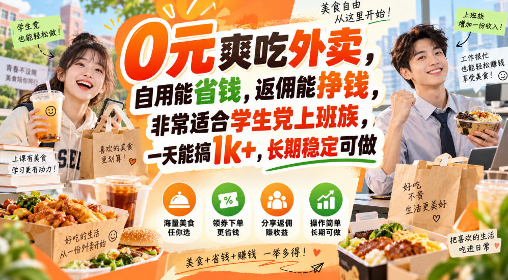 0元爽吃外卖，自用能省钱，返佣能挣钱，非常适合学生党上班族，一天能搞1k+，长期稳定可做-轻创星球网