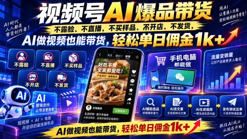 视频号Ai爆品带货，不露脸、不直播、不买样品、不开店、不发货，AI做视频也能带货，轻松单日佣金1k+-轻创星球网