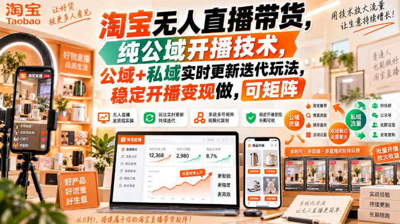 淘宝无人直播带货，纯公域开播技术，公域+私域实时更新迭代玩法，稳定开播变现做，可矩阵【揭秘】-轻创星球网