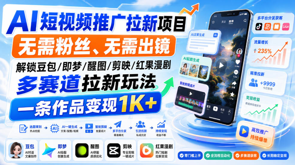 AI短视频推广拉新项目，无需粉丝、无需出镜，解锁豆包/即梦/醒图/剪映/红果漫剧多赛道拉新玩法，一条作品变现1K+(更新0918)-轻创星球网
