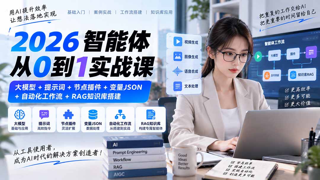 2026智能体从0到1实战课｜大模型+提示词+节点插件+变量JSON+自动化工作流+RAG知识库搭建-轻创星球网