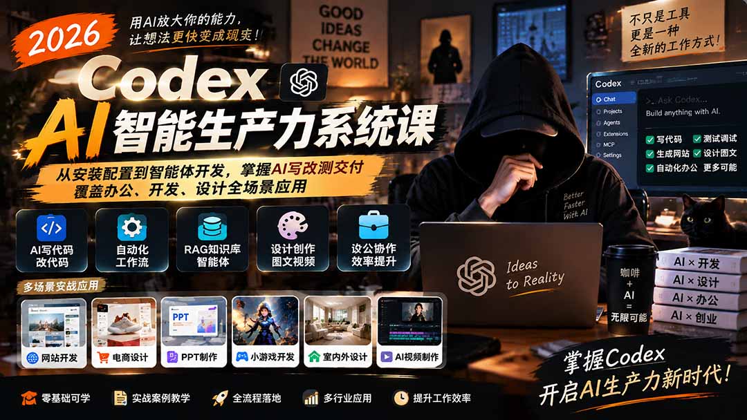 2026 Codex AI智能生产力系统课-更新｜从安装配置到智能体开发，掌握AI写改测交付，覆盖办公、开发、设计全场景应用-轻创星球网