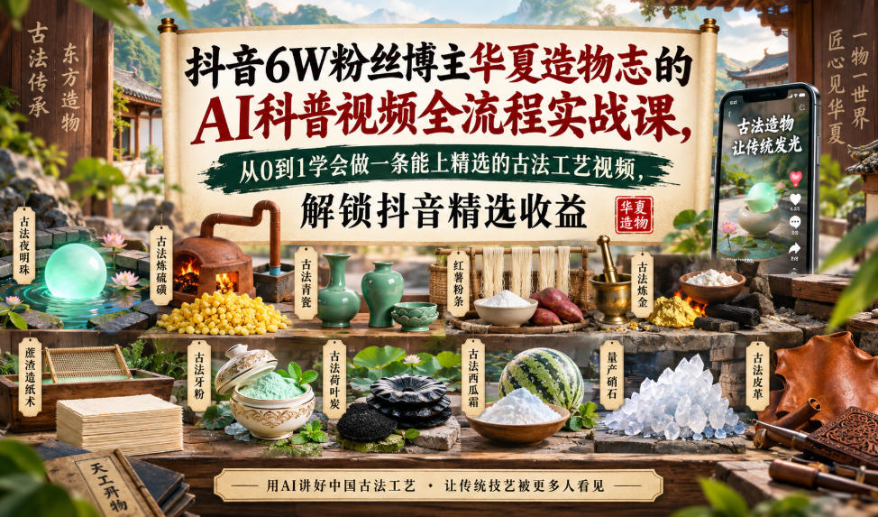 抖音6W粉丝博主华夏造物志的AI科普视频全流程实战课，从0到1学会做一条能上精选的古法工艺视频，解锁抖音精选收益-轻创星球网