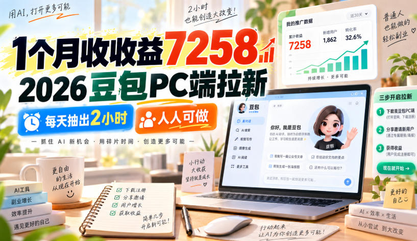 1个月收收益7258，2026豆包PC端拉新，每天抽出2小时，人人可做-轻创星球网