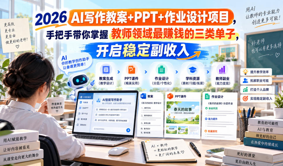 2026 AI写作教案+PPT+作业设计项目，手把手带你掌握教师领域最賺钱的三类单子，开启稳定副收入-轻创星球网