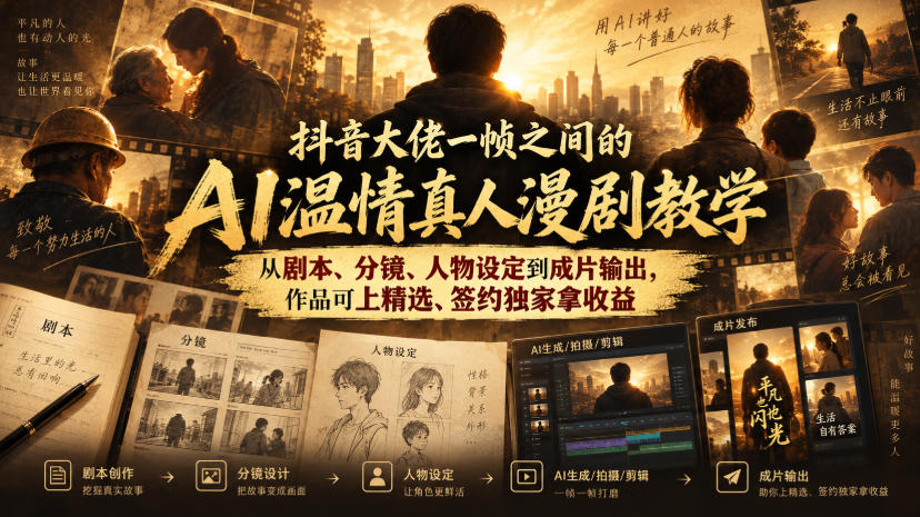 抖音大佬一帧之间的AI温情真人漫剧教学，从剧本、分镜、人物设定到成片输出，作品可上精选、签约独家拿收益-轻创星球网