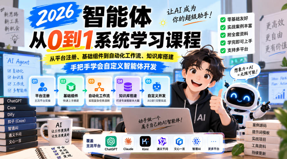 2026智能体从0到1系统学习课程，从平台注册、基础组件到自动化工作流、知识库搭建，手把手学会自定义智能体开发-轻创星球网