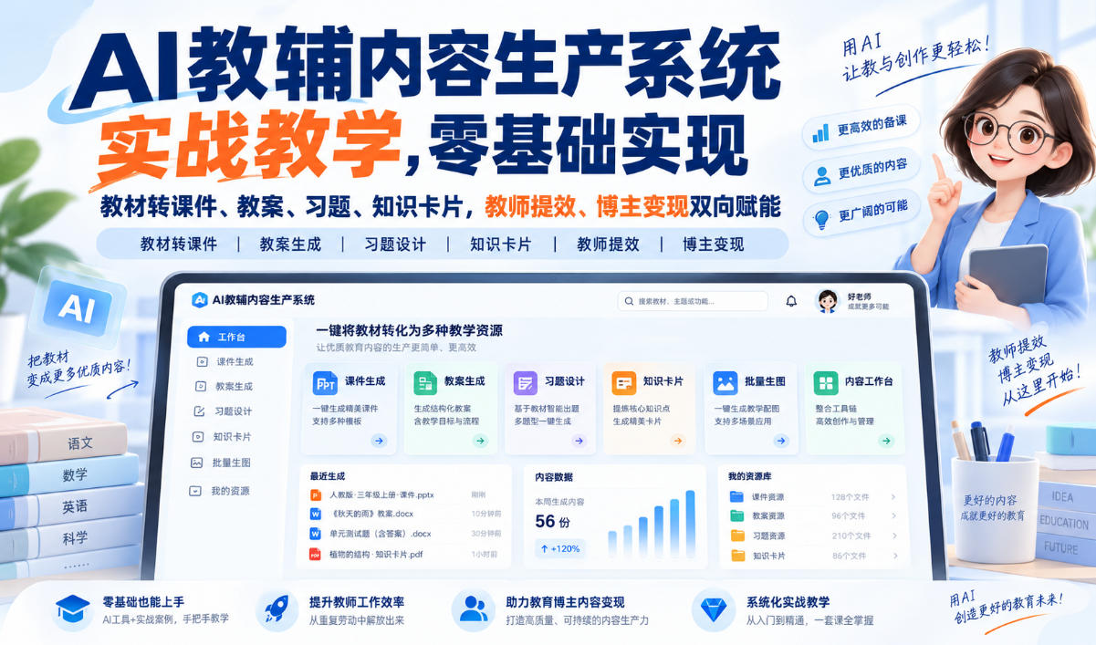 AI教辅内容生产系统实战教学，零基础实现教材转课件、教案、习题、知识卡片，教师提效、博主变现双向赋能-轻创星球网