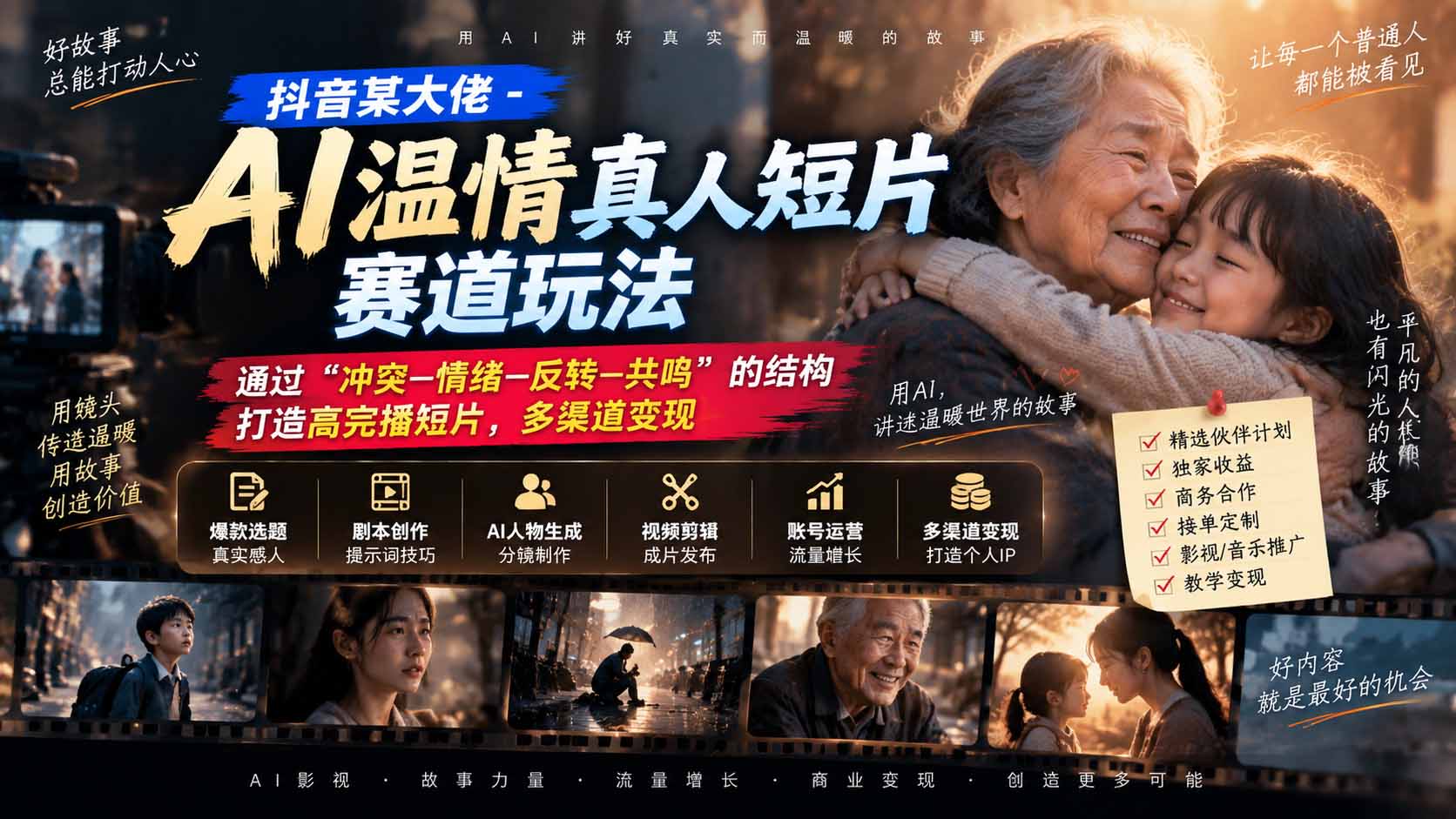 抖音某大佬-AI温情真人短片赛道玩法：通过“冲突—情绪—反转—共鸣”的结构打造高完播短片，多渠道变现-轻创星球网