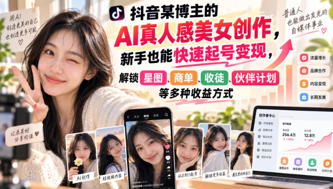 抖音某博主的AI真人感美女创作，新手也能快速起号变现，解锁星图，商单，收徒，伙伴计划等多种收益方式-轻创星球网