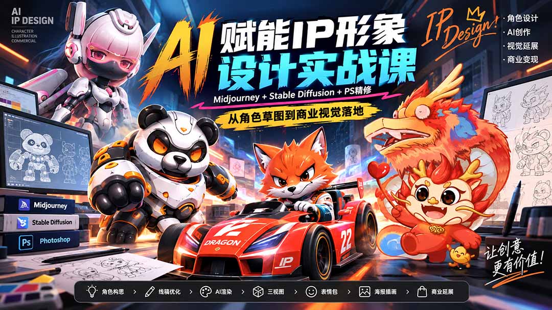 AI赋能IP形象设计实战课-无水印：Midjourney+Stable Diffusion+PS精修，从角色草图到商业视觉落地-轻创星球网