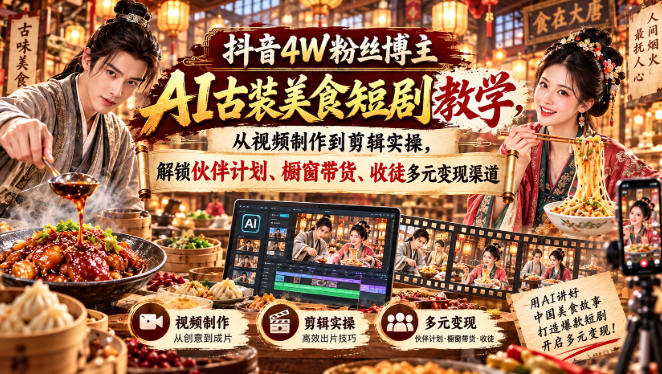 抖音4W粉丝博主AI古装美食短剧教学，从视频制作到剪辑实操，解锁伙伴计划、橱窗带货、收徒多元变现渠道-轻创星球网