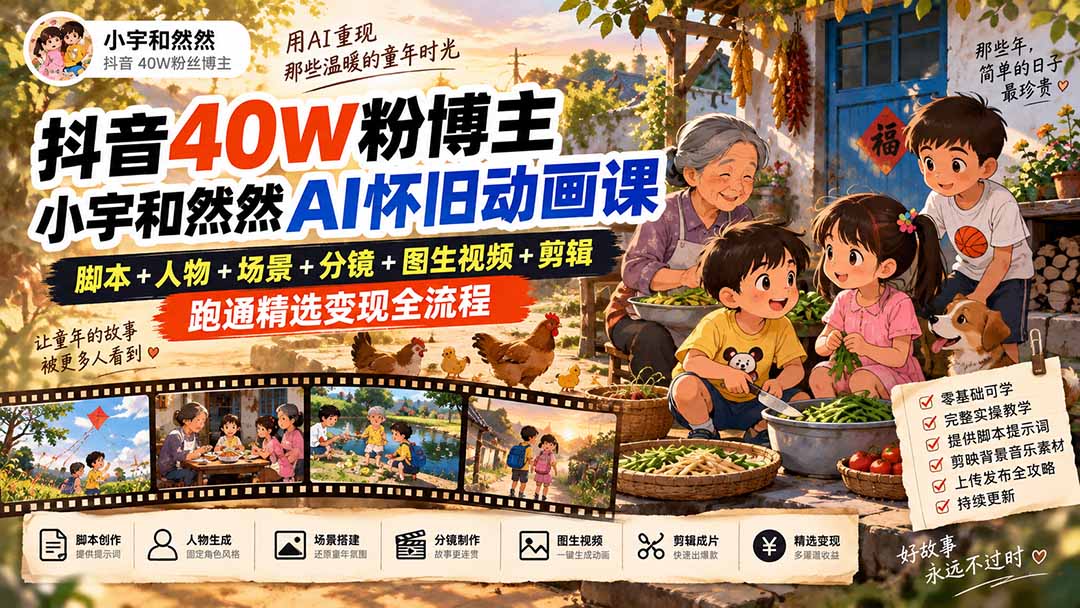 抖音40W粉博主小宇和然然AI怀旧动画课｜脚本+人物+场景+分镜+图生视频+剪辑，跑通精选变现全流程-轻创星球网