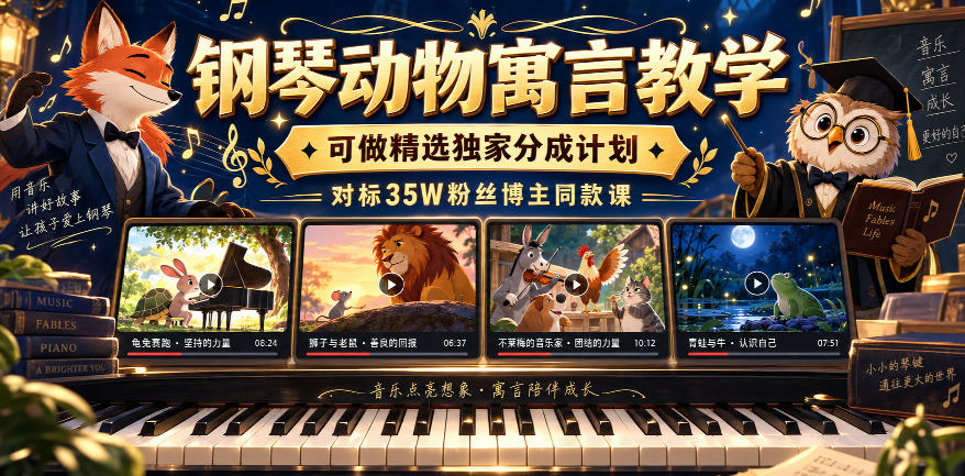 钢琴动物寓言教学，可做精选独家分成计划，对标35W粉丝博主同款课-轻创星球网