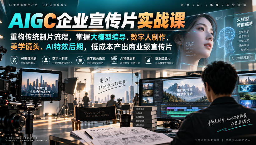 AIGC企业宣传片实战课，重构传统制片流程，掌握大模型编导、数字人制作、美学镜头、AI特效后期，低成本产出商业级宣传片-轻创星球网