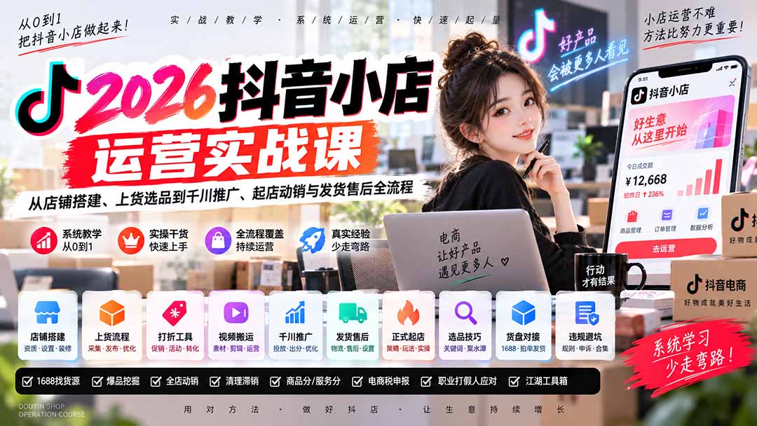 2026抖音小店运营实战课｜从店铺搭建、上货选品到千川推广、起店动销与发货售后全流程-轻创星球网