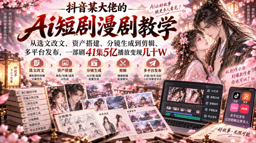 抖音某大佬的Ai短剧漫剧教学，从选文改文、资产搭建、分镜生成到剪辑、多平台发布，一部剧41集5亿播放变现几十W-轻创星球网