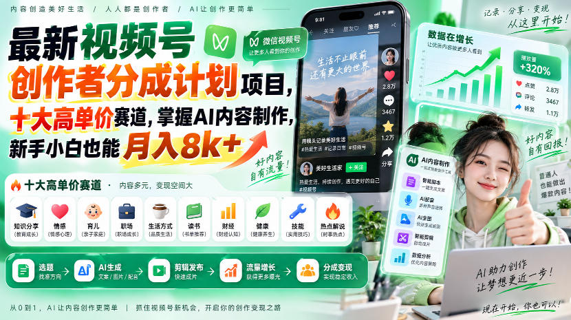 最新视频号创作者分成计划项目，十大高单价赛道，掌握AI内容制作，新手小白也能月入8k+-轻创星球网