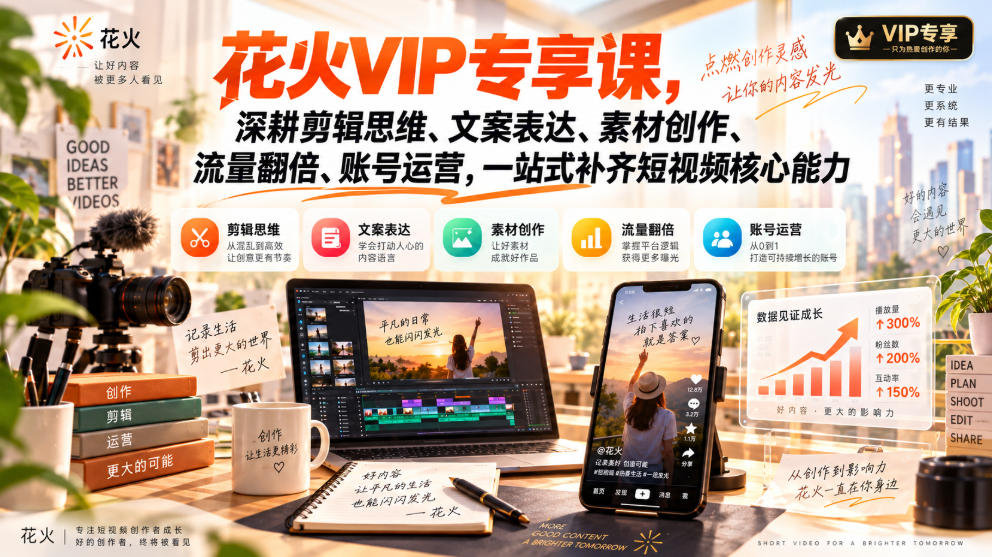 花火VIP专享课，深耕剪辑思维、文案表达、素材创作、流量翻倍、账号运营，一站式补齐短视频核心能力-轻创星球网