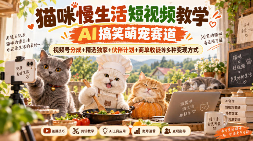 猫咪慢生活短视频教学，AI搞笑萌宠赛道，视频号分成+精选独家+伙伴计划+商单收徒等多种变现方式-轻创星球网