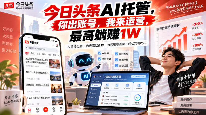 今日头条AI托管，你出账号，我来运营，最高躺賺1W【揭秘】-轻创星球网