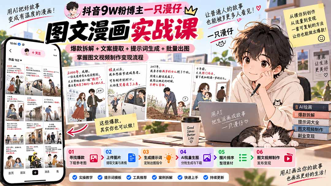 抖音9W粉博主一只漫仔图文漫画课：爆款拆解+文案提取+提示词生成+批量出图，掌握图文视频制作变现流程-轻创星球网