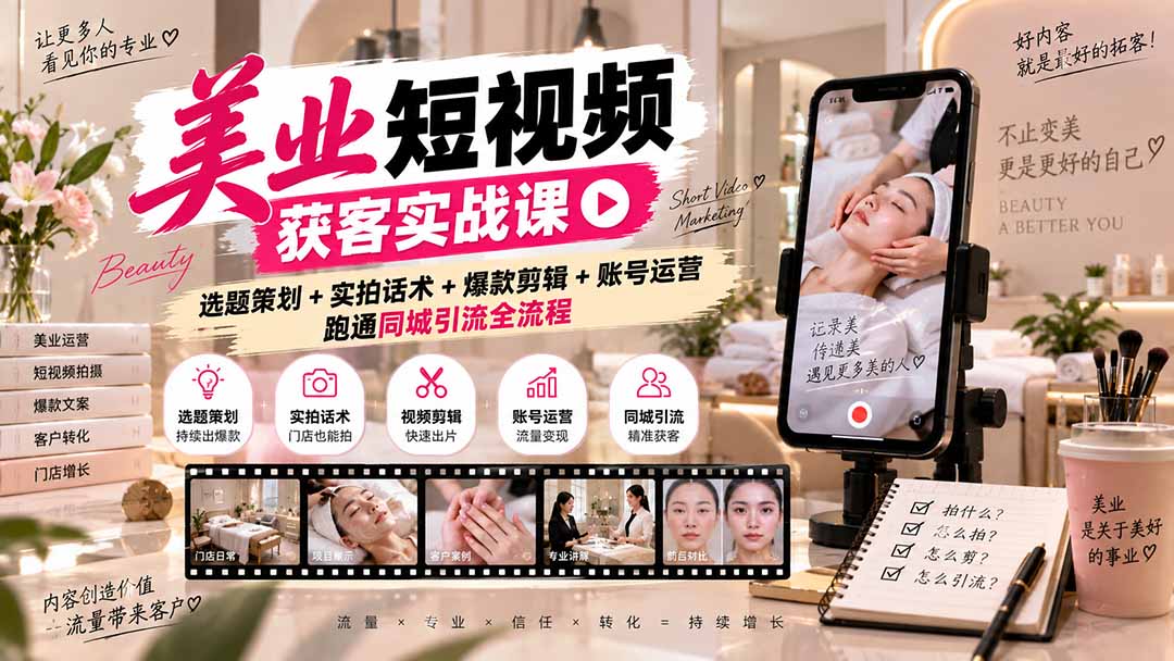 美业短视频获客实战课-无水印：选题策划+实拍话术+爆款剪辑+账号运营，跑通同城引流全流程-轻创星球网