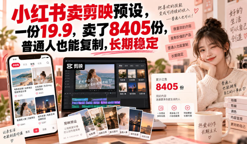 小红书卖剪映预设，一份19.9，卖了8405份，普通人也能复制，长期稳定-轻创星球网