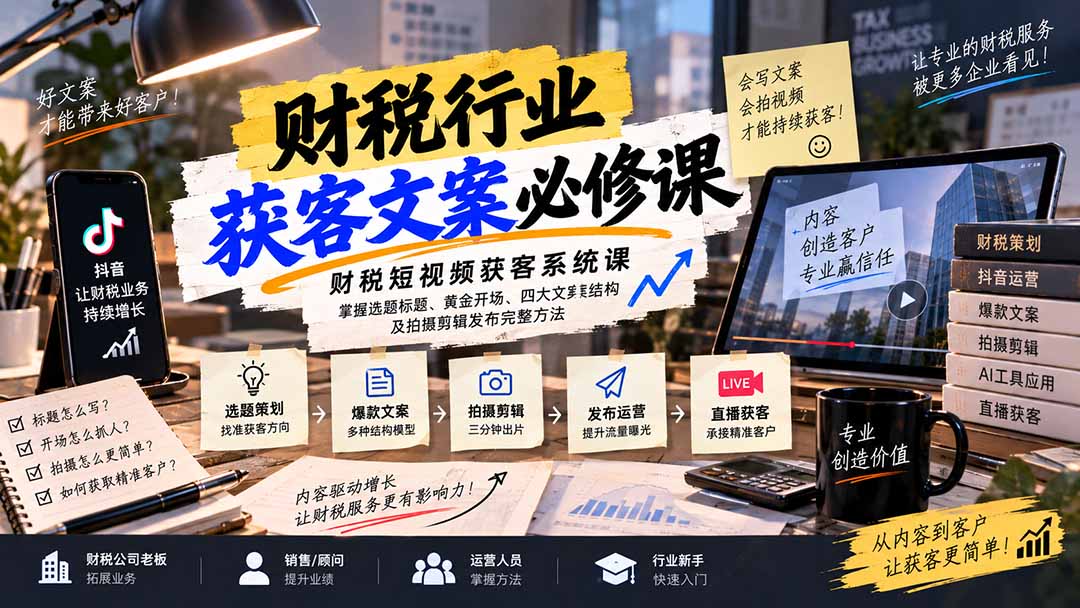 财税短视频获客系统课：掌握选题标题、黄金开场、四大文案结构及拍摄剪辑发布完整方法-轻创星球网