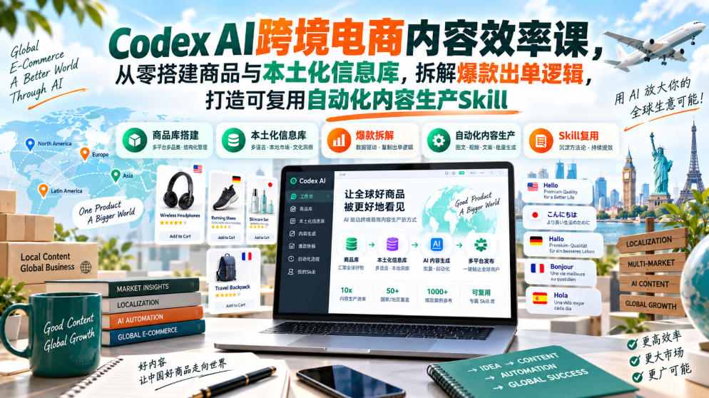 Codex AI跨境电商内容效率课，从零搭建商品与本土化信息库，拆解爆款出单逻辑，打造可复用自动化内容生产Skill-轻创星球网