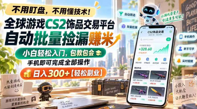 全球游戏CS2饰品交易平台自动批量捡漏賺米，小白轻松入门，包教包会，手机即可完成全部操作，日入300+【揭秘】-轻创星球网