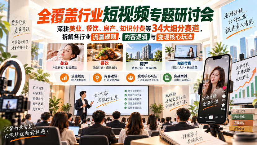 短视频专题研讨会，深耕美业、餐饮、房产、知识付费等34大细分赛道，拆解各行业流量规则、内容逻辑与变现核心玩法-轻创星球网