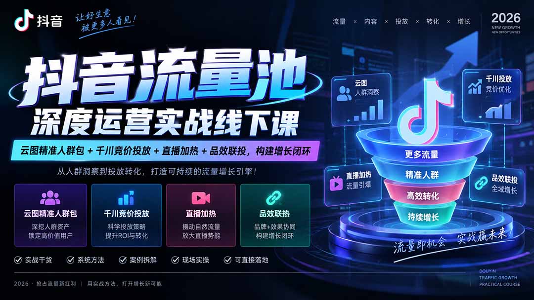 抖音流量池深度运营实战线下课｜云图精准人群包+千川竞价投放+直播加热+品效联投，构建增长闭环-轻创星球网