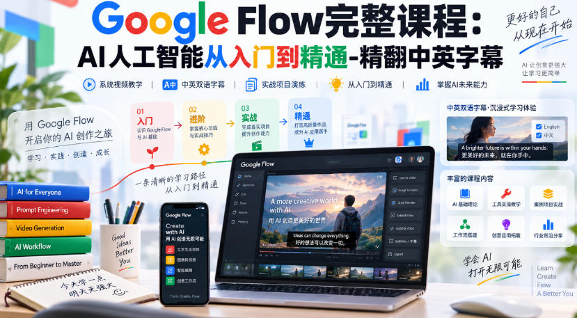【无水印】Google Flow完整课程：AI人工智能从入门到精通-精翻中英字幕-轻创星球网