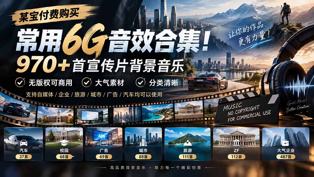 某宝付费购买，常用6G音效合集！970+首宣传片背景音乐，无版权可商用大气素材，分类清晰-轻创星球网