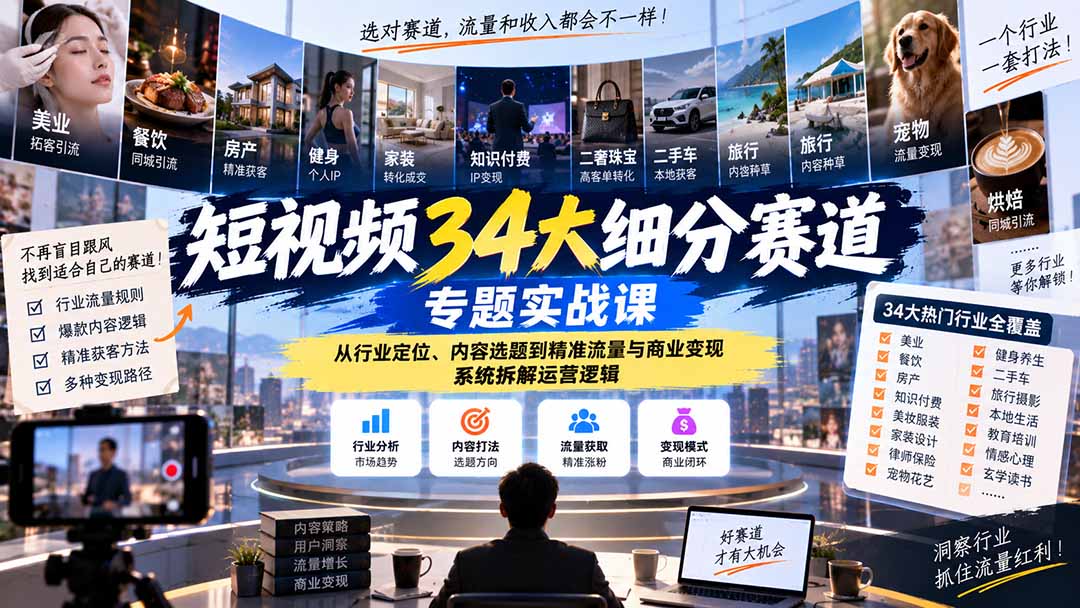 短视频34大细分赛道专题实战课：从行业定位、内容选题到精准流量与商业变现，系统拆解运营逻辑-轻创星球网