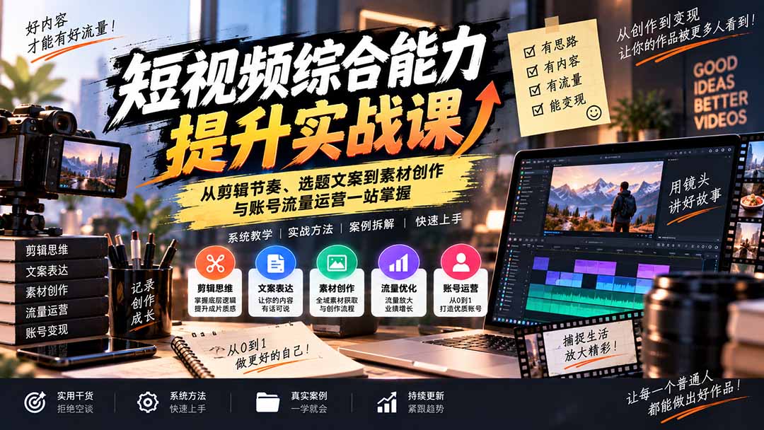 短视频综合能力提升实战课：从剪辑节奏、选题文案到素材创作与账号流量运营一站掌握-轻创星球网