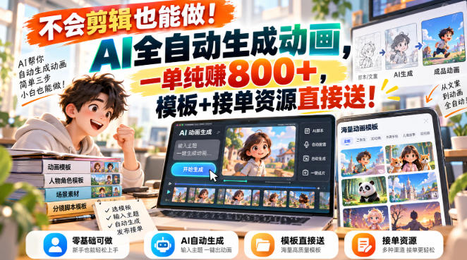 不会剪辑也能做！AI全自动生成动画，一单纯賺800+，模板+接单资源直接送！【揭秘】-轻创星球网