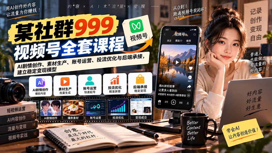 【无水印】某社群999视频号全套课程：AI剧情创作、素材生产、账号运营、投流优化与后端承接，建立稳定变现模型-轻创星球网