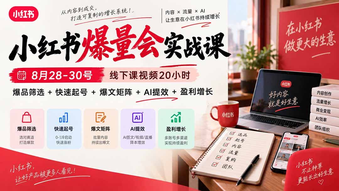 小红书爆量会实战课-更新9月23：线下课视频20小时，爆品筛选+快速起号+爆文矩阵+AI提效+盈利增长-轻创星球网