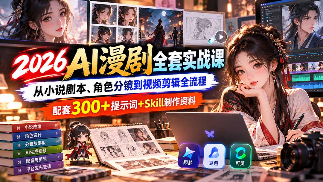 【无水印】2026AI漫剧全套实战课：从小说剧本、角色分镜到视频剪辑全流程，配套300+提示词+Skill制作资料-轻创星球网