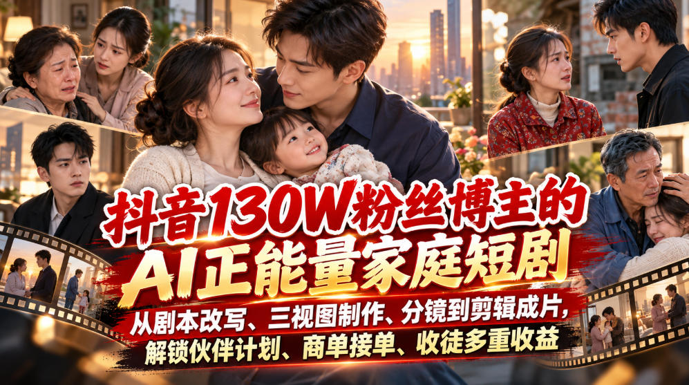 抖音130W粉丝博主的AI正能量家庭短剧，从剧本改写、三视图制作、分镜到剪辑成片，解锁伙伴计划、商单接单、收徒多重收益-轻创星球网
