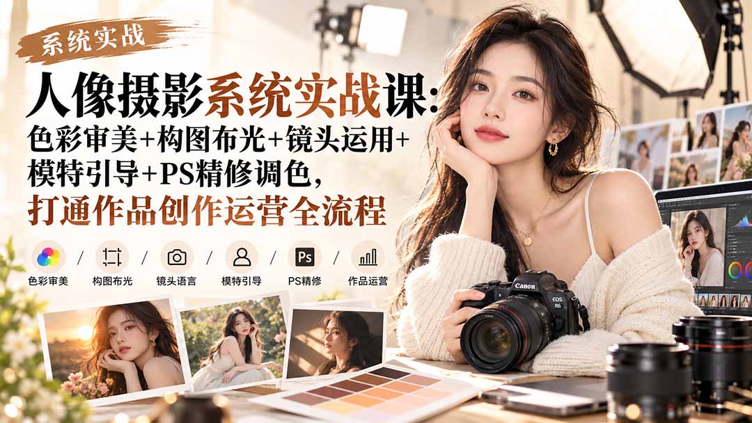 【无水印】人像摄影系统实战课：色彩审美+构图布光+镜头运用+模特引导+PS精修调色，打通作品创作运营全流程-轻创星球网